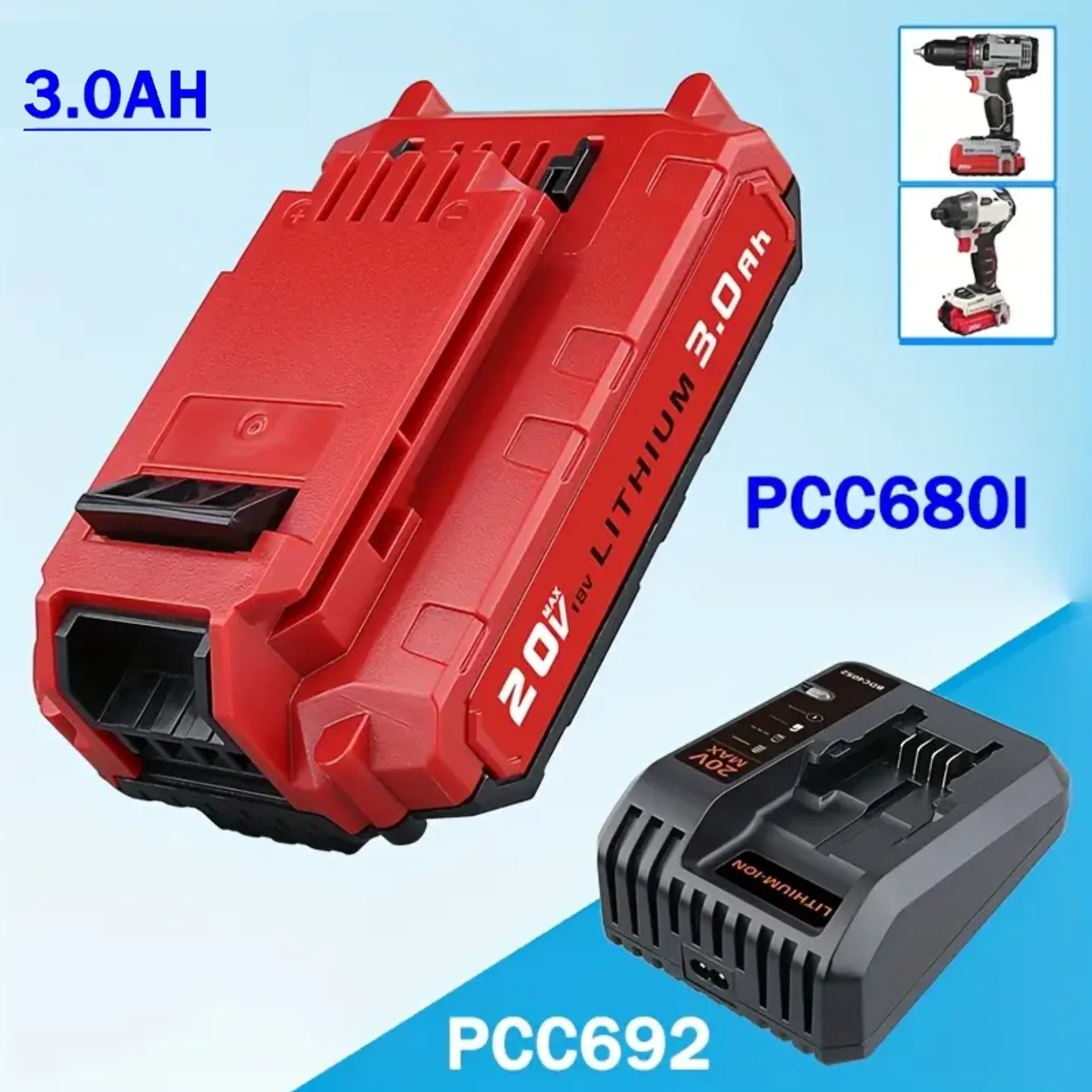 Replacement for Porter Cable 20V 3.0AH PCC680L Battery and PCC692L Charger Compatible with PCC685L PCC681L PCC682L Power Tool