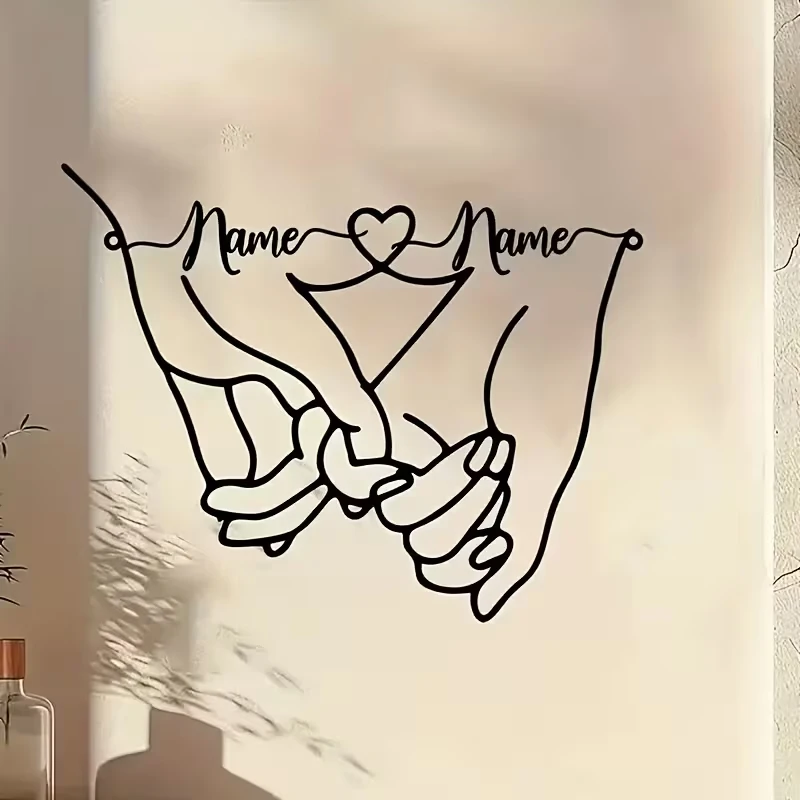 Custom Metal Wall Art Sculpture ,Personalized Name and Heart-shaped Pattern - Hand-in-hand Love Design, Bedroom Wall Mounted,Wed