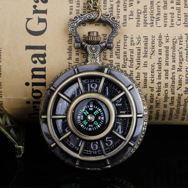 Exquisite Compass Design Vintage Hollow Skeleton Pocket Watch Black Starry Round Dial Antique Pendant Clock Retro Gifts Unisex