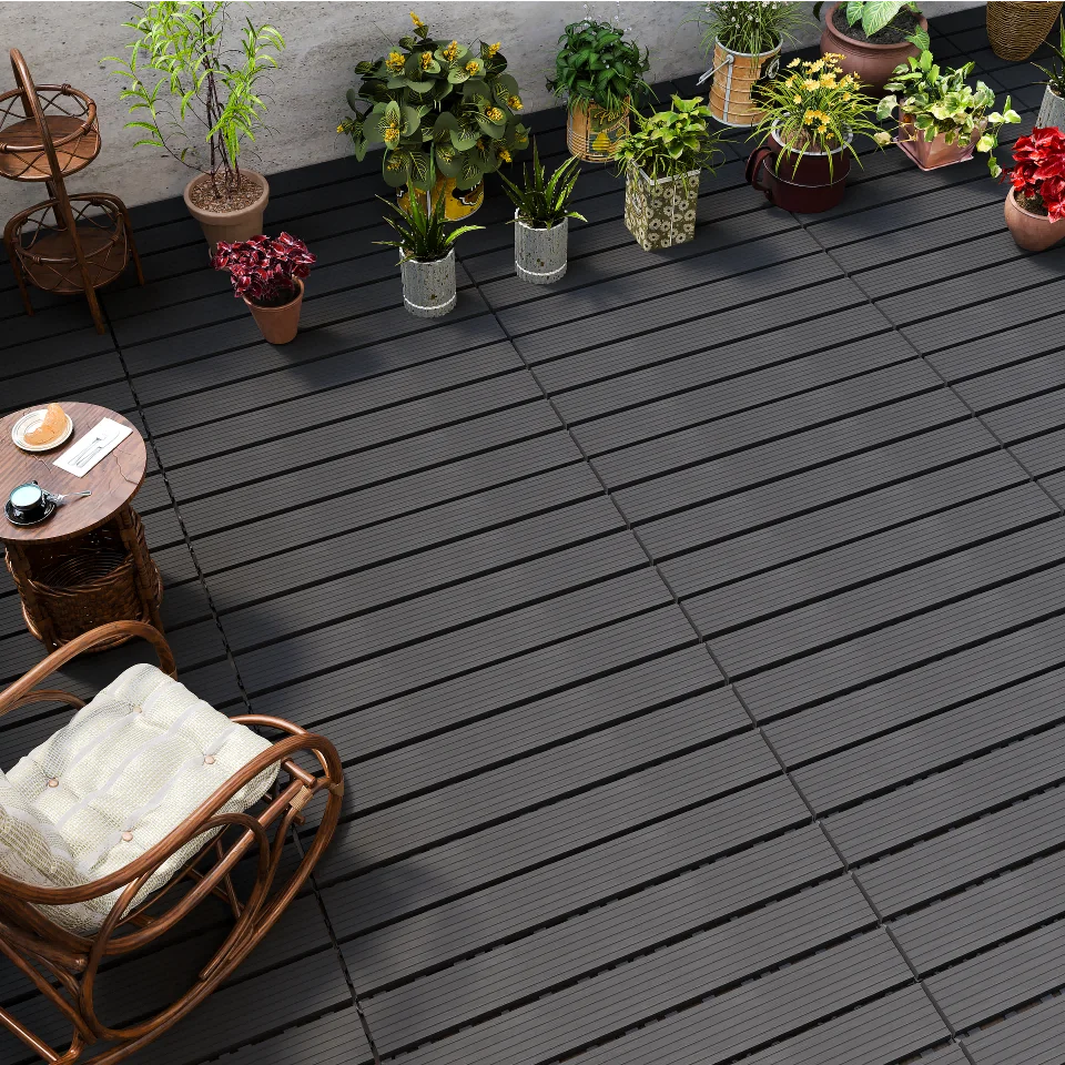 Black and brown interlocking plastic floor tiles - Garden/Balcony Outdoor Terrace Plastic Floor Tiles, Durable and Weatherproof