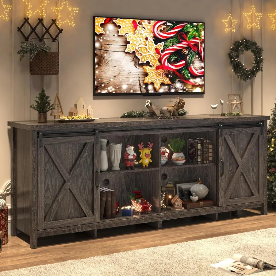 Farmhouse TV Stand for 80 Inch TV with Sliding Barn Door Rustic Wood Entertainment Center Large Media Console Cabinet Long Tele