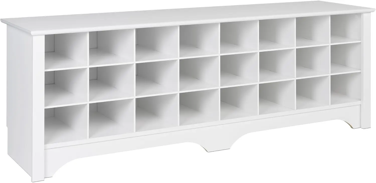 White Hall Bench With Storage And Seating: 24-Shoe Cubby Bench, Ideal White Shoe Ra For Entryway, Sized 15.5"" D X 60"" W X