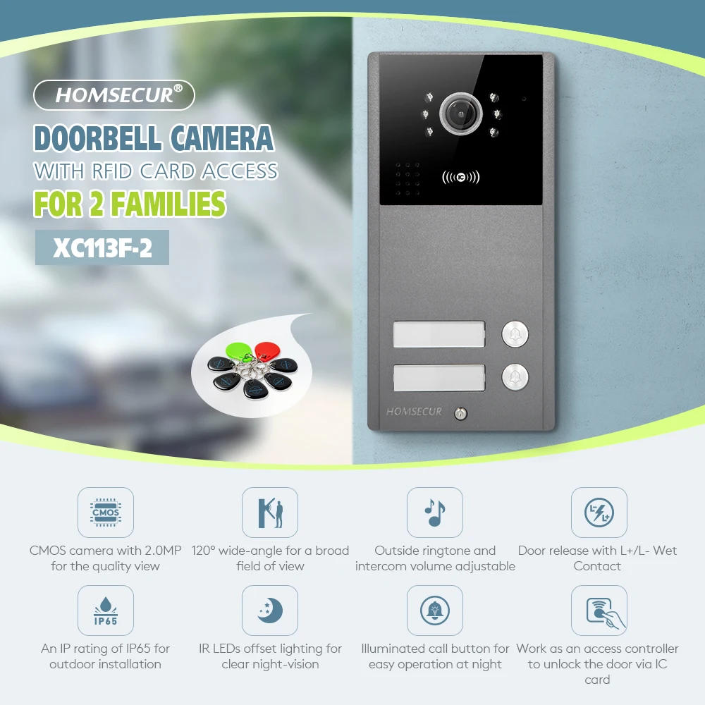 4 Wire XC113F-2 HD Outdoor Doorbell Camera IP65+5Pcs IC 13.56Mhz Keyfobs for Video Doorphone Call Intercom Security 2 Families