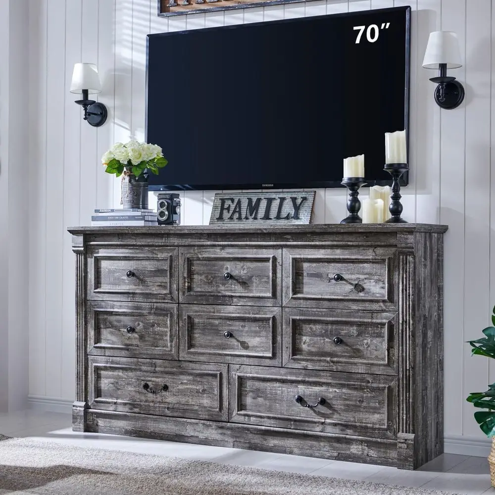 61 Wide Large Dressers & Chests with Column for Bedroom, Hallway, Living Room - Light Grey Storage Organizers