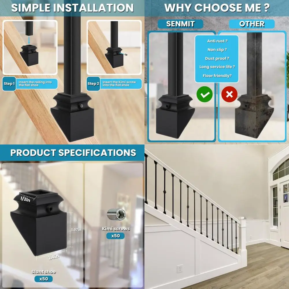 Satin Black Slanted Baluster Shoes with Screws, Set of 50, for 1/2 Square Balusters