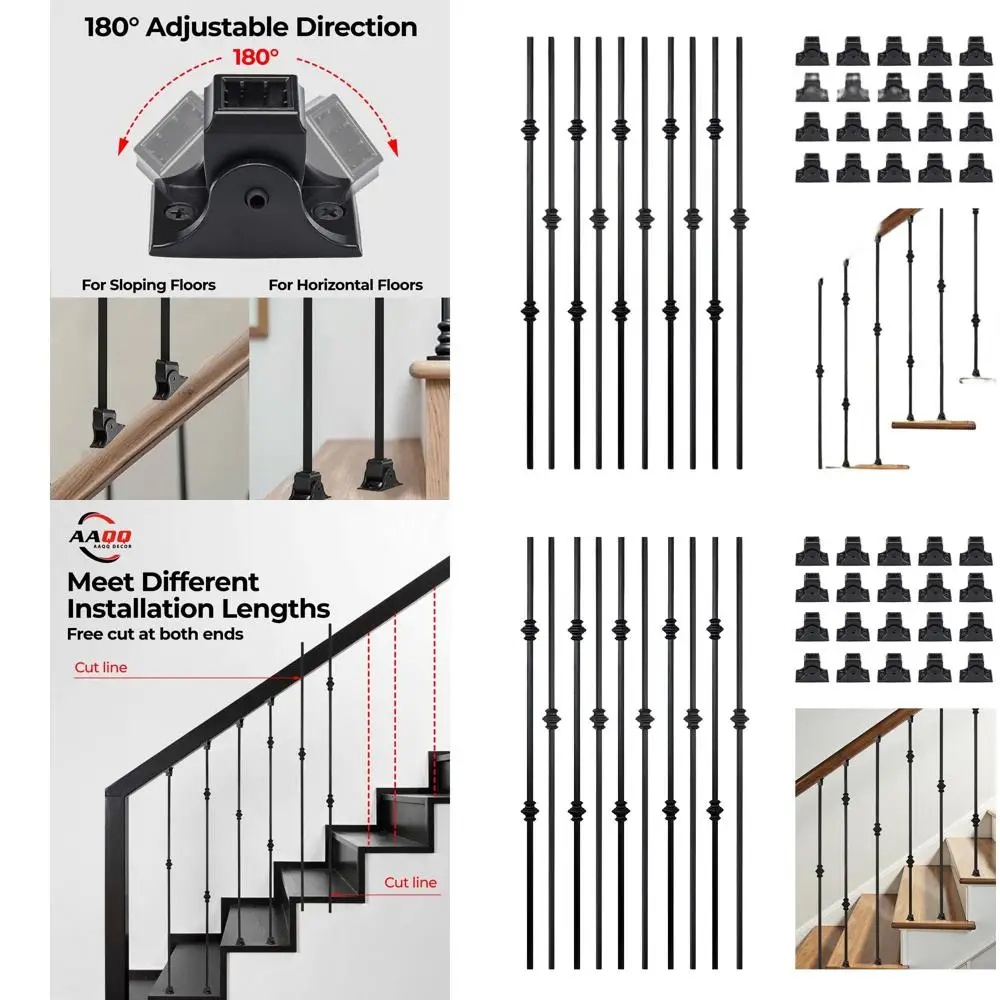 10 Pack Hollow Double & Single Knuckle Staircase Balusters, 1/2 Square Iron with 20 Swivel Shoes