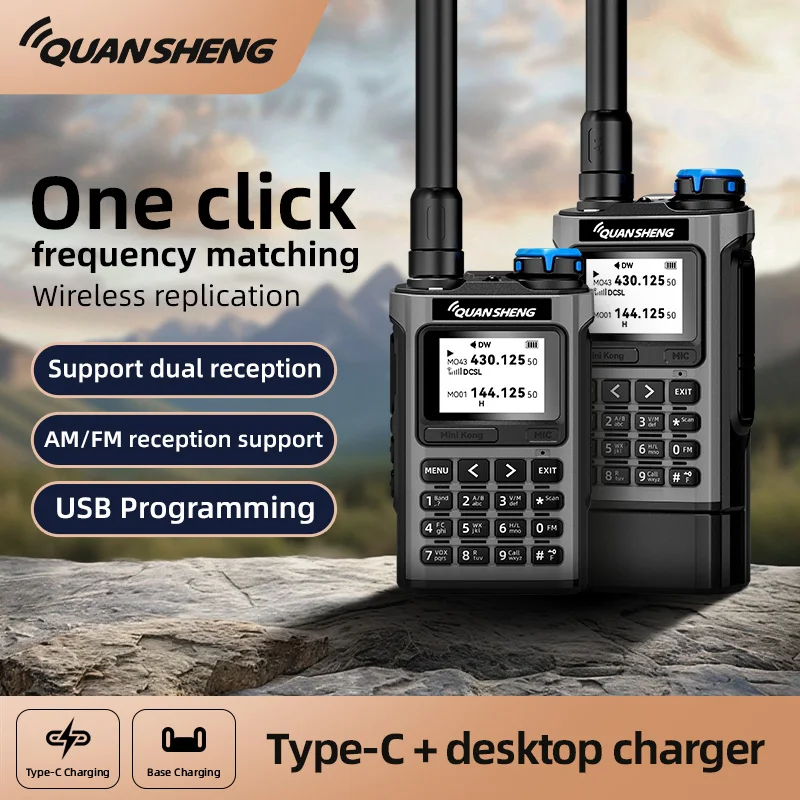 QUANSHENG K1 Multi-Band Walkie Talkie Air Band Aviation Receive Wireless Copy One Key Freq Match Type-C NOAA Two Way Radio