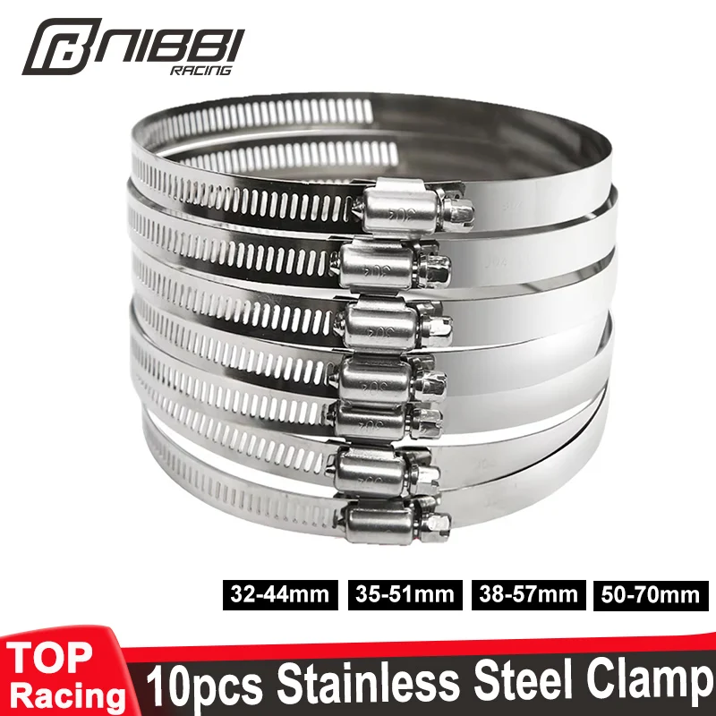 NIBBI 10pcsAdjustable 32mm-70mm Hose Clamps 304 Stainless Steel HighQuality Screw Worm Drive Clips CarburetorManifold FixedTool