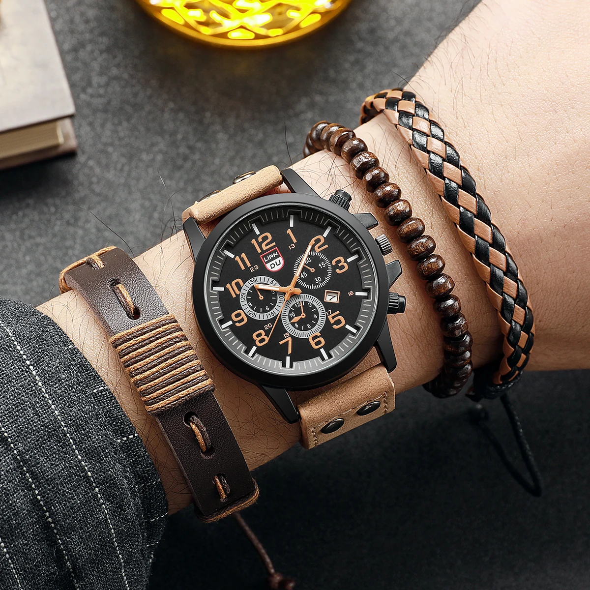 No gift box Classic men's sports denim three-eye leather belt calendar men's watch   bead string leather bracelet 4-piece