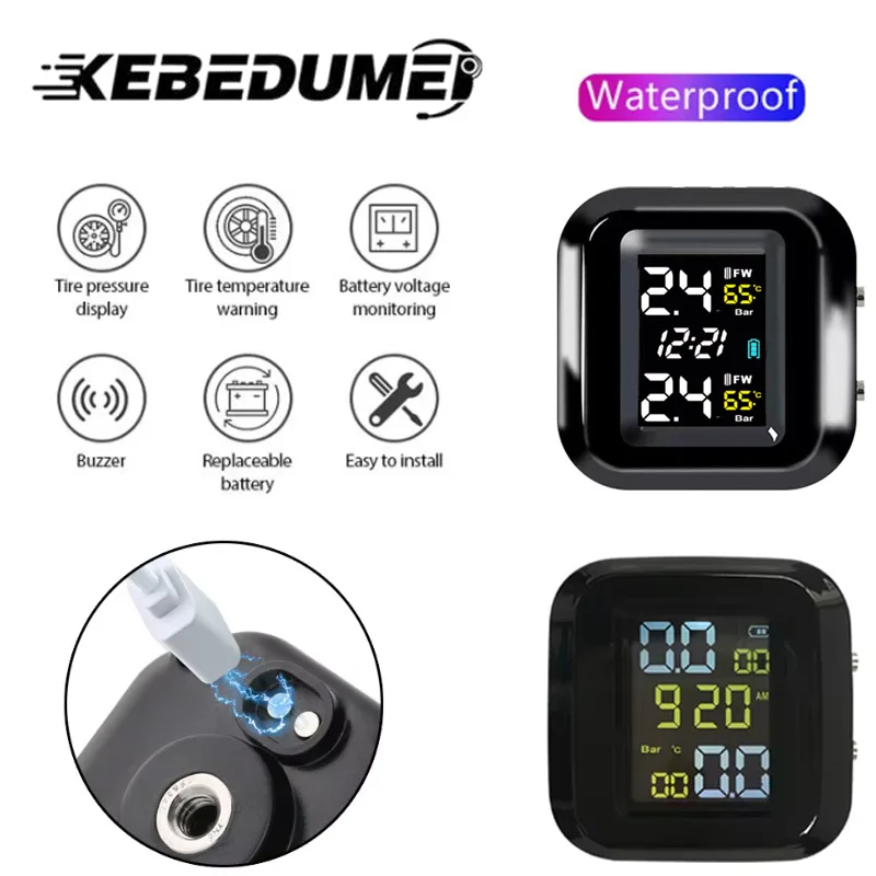 Motorcycle TPMS Tire Pressure Monitoring System Temperature Alarm With 2 External Sensors Moto Tyre Alarm Systems Real Time