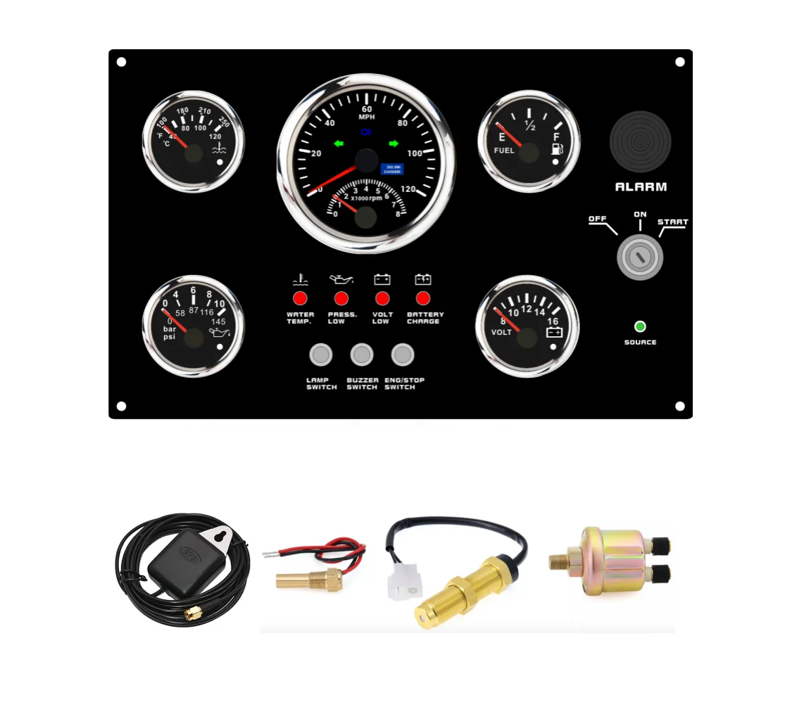 5 Gauge Multifunctional GPS Speedometer Tachometer Set Black Dial Marine Dash Gauge for Boat