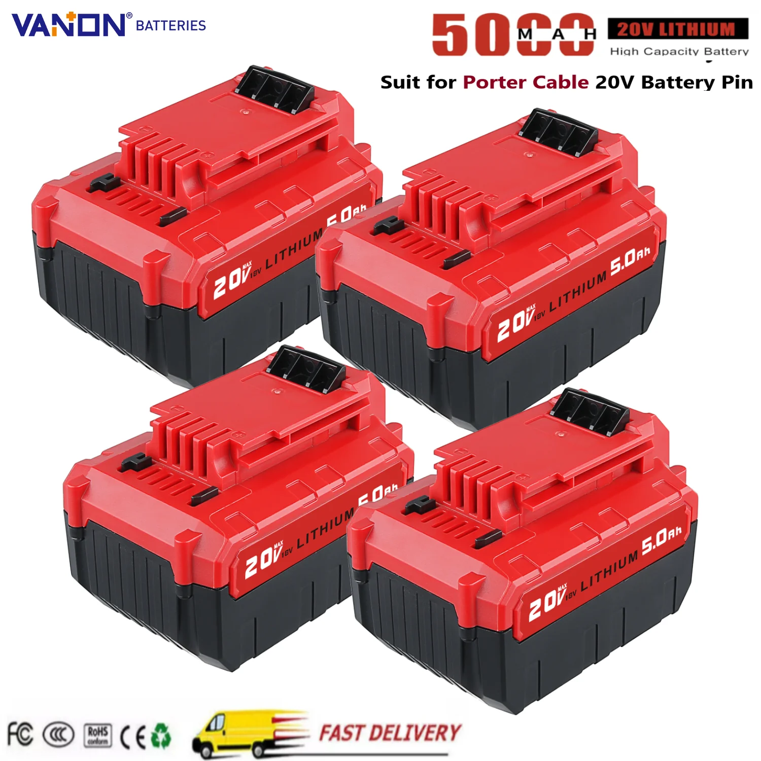 VANON 1/2/4Pcs PCC685L 5.0Ah Replace for Porter Cable 20V Lithium-ion Battery Pin PCC680L PCC685LP PCC682L PCC681L PCC680LP