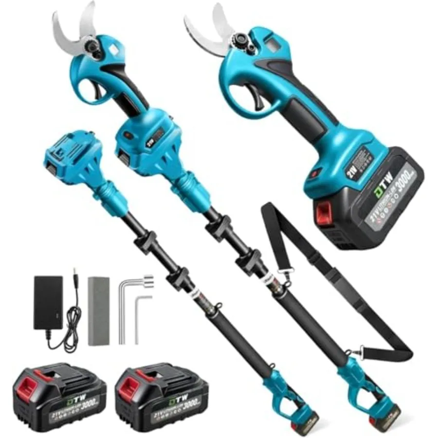 Electric Pruning Shears with Pole 1.4-2.0 Cutting Diameter and 2-IN-1 Electric Pole Pruner2PCS 21V 3.0Ah Batteries Brushiless M