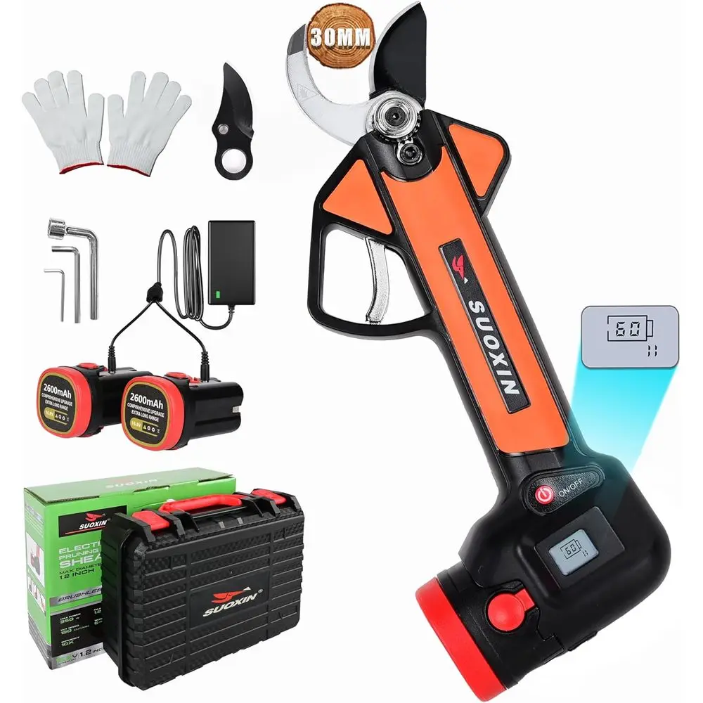 Cordless Electric Pruning Shears with LCD Display, 16.8V Brushless Motor, 1.2" Adjustable Cutting Diameter, 2×2600mAh Rechargeab