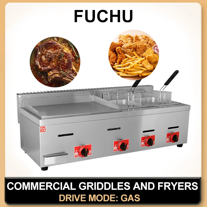 Commercial  Capacity Gas Griddle with Deep Double Fryer Machine Multi-Function Frying and Boiling Boiler Machine