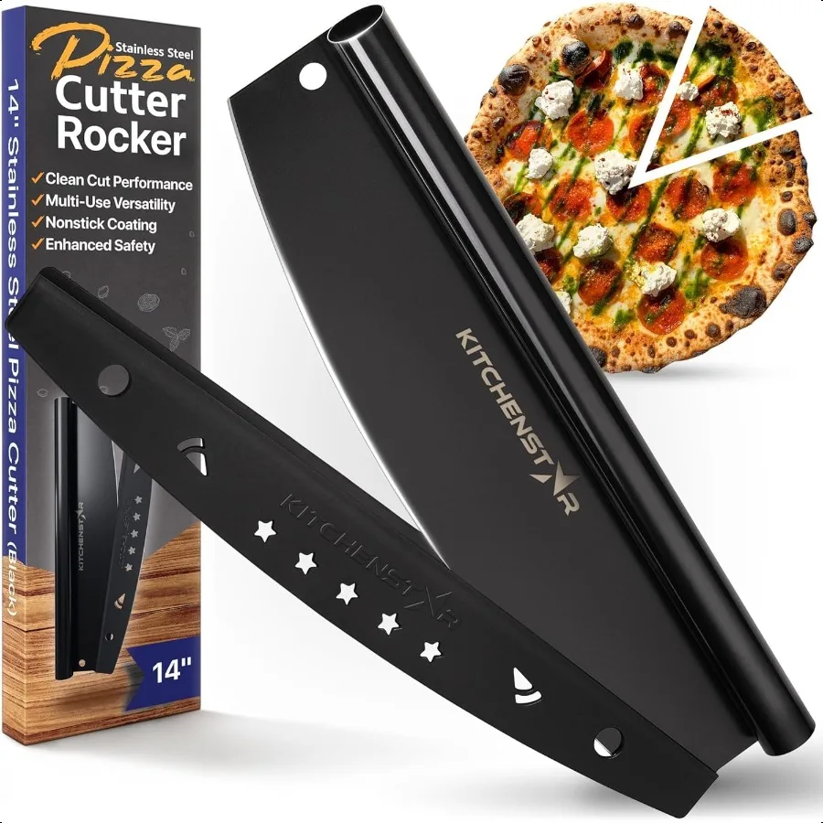 14Inch Pizza Cutter Rocker Blade Sharp Stainl Steel Slicer Knife Protective Cover Black Nonstick Large Profional Pizza Oven Acc