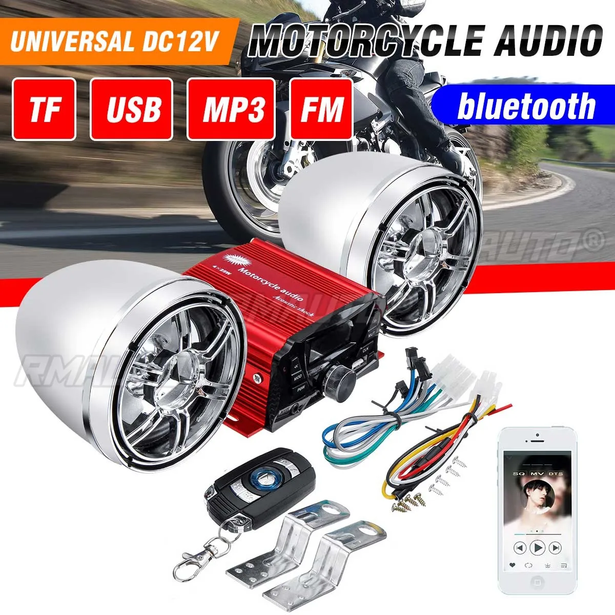 12V Universal Motorcycle Audio bluetooth Remote Control Speaker Stereo System TF USB FM Radio MP3 Music Player Scooter ATV