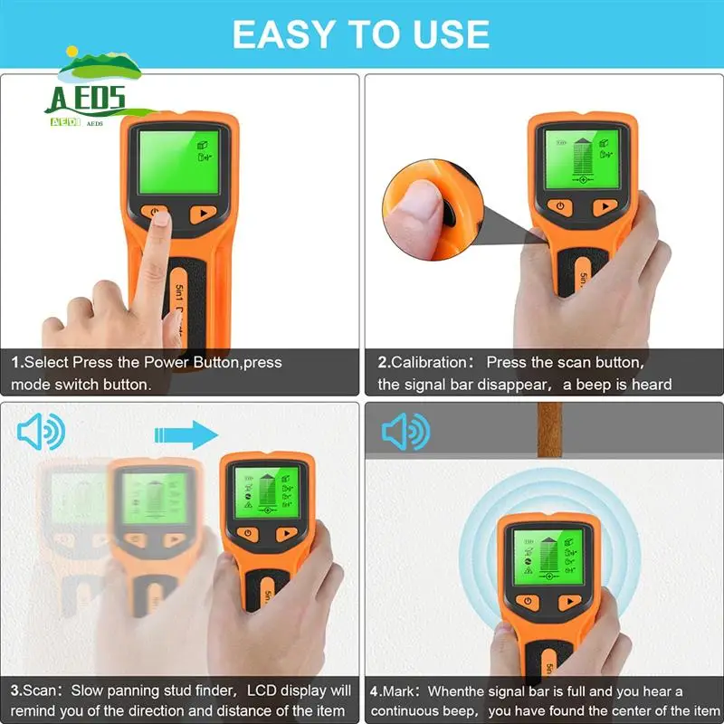 AED5-5 In 1 Wall Scanner Stud  Digital Handheld Wall  PVC Water Pipe Metal Finder Scanner Orange 152 X 62 X 28 M