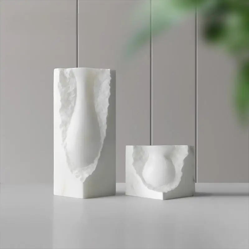 Calacatta White Marble Vase Sculpture: Modern Art Centerpiece for Living Room, Dining & Hallway Decor Hotel Lobby, Natural Stone