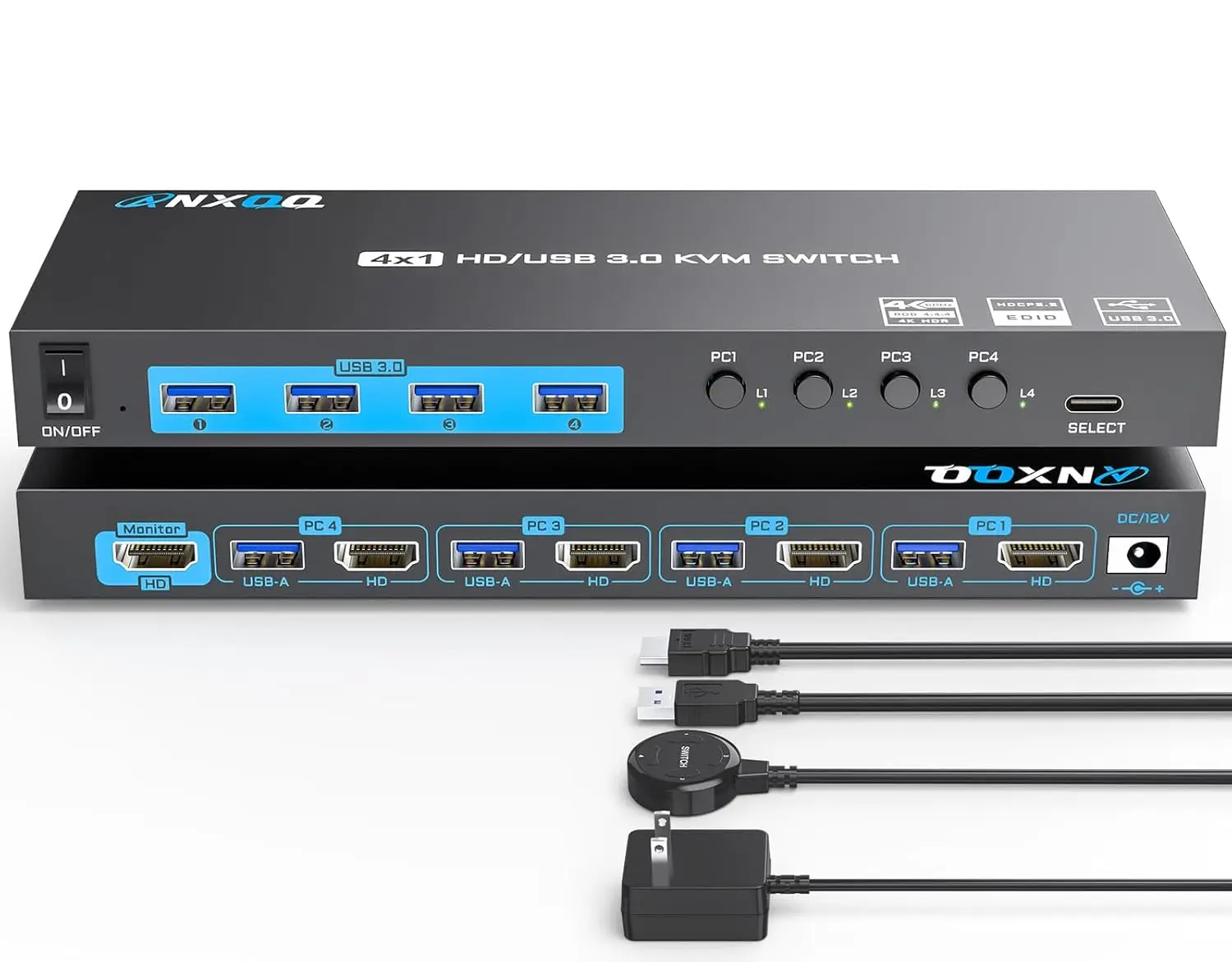 4K HDMI KVM Switch 4 Computers 1 Monitor, ANXQQ 4 Port KVM Switch EDID Function Share 4 USB 3.0 Ports