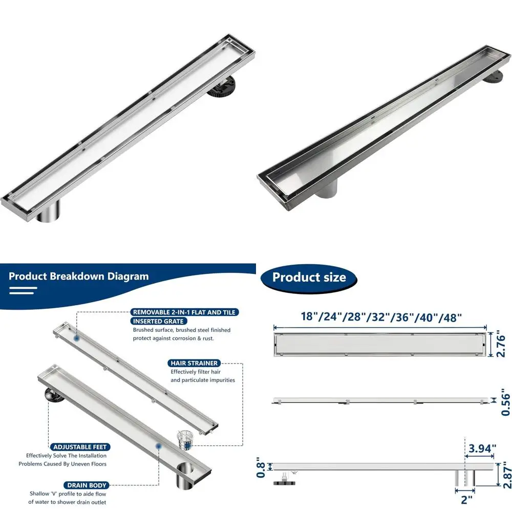 24-Inch Linear Shower Drain with Tile Insert, Brushed Stainless Steel, Recessed Side Outlet, Adjustable Leveling Foot, Hair Stra