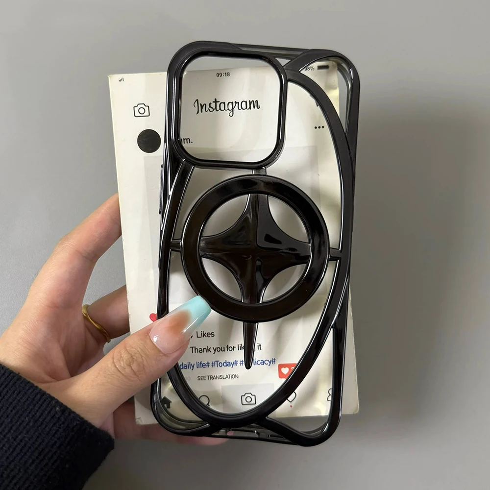 Plating 3D Hollow Cross Star Magnetic Case For iPhone 16 15 14 13 12 11 Pro Max Plus For Magsafe Cooling Shockproof Glossy Cover