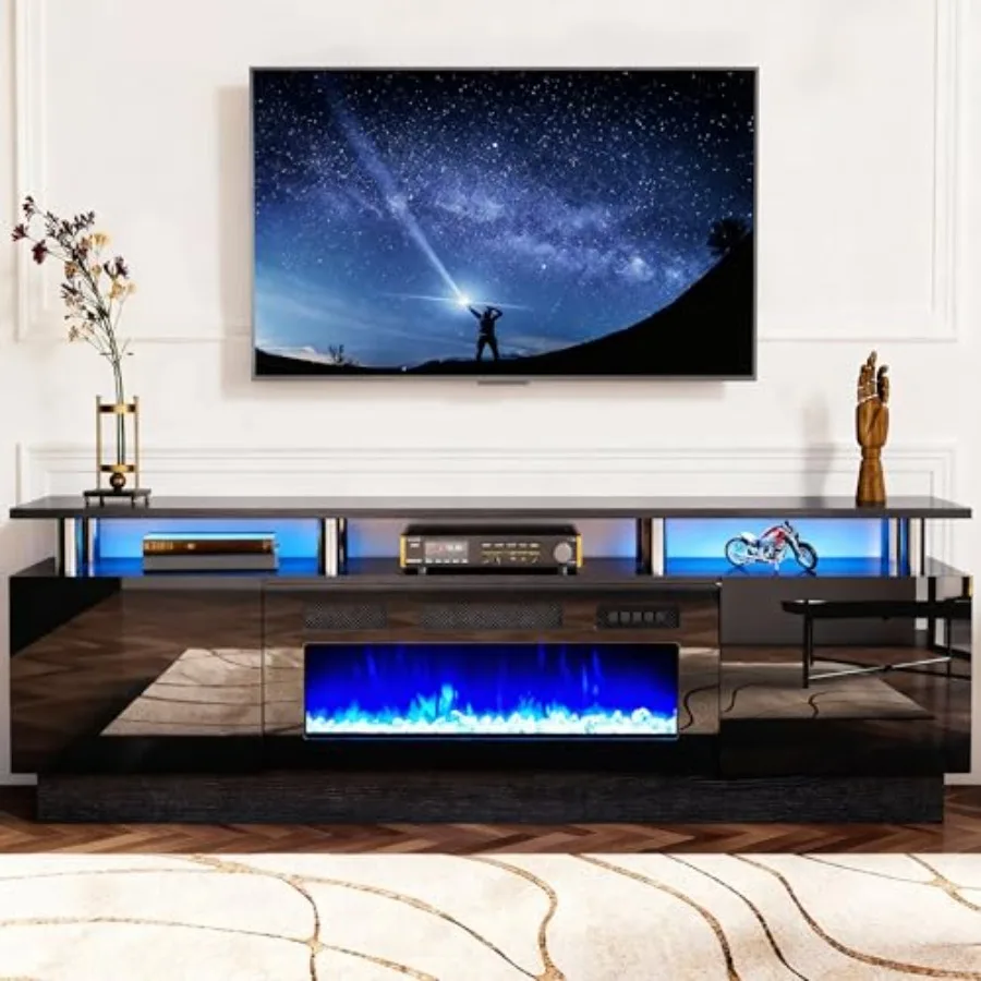 Modern Fireplace TV Stand with 36 Electric Fireplace for TVs Up to 80 inch LED Light Entertainment Center with High Gloss Cabin