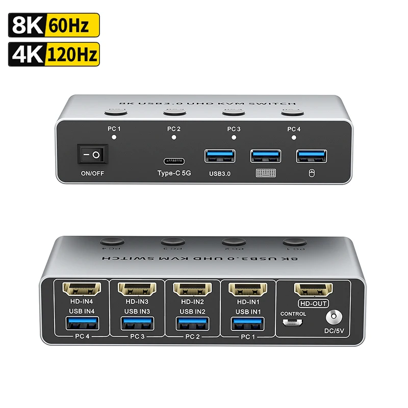 8K@60Hz HDMI KVM Switch 4 Computers 4K@120Hz 4 Port HDMI USB 3.0 KVM Switcher 4x1 for 4 PC Share Monitor Keyboard Mouse Printer