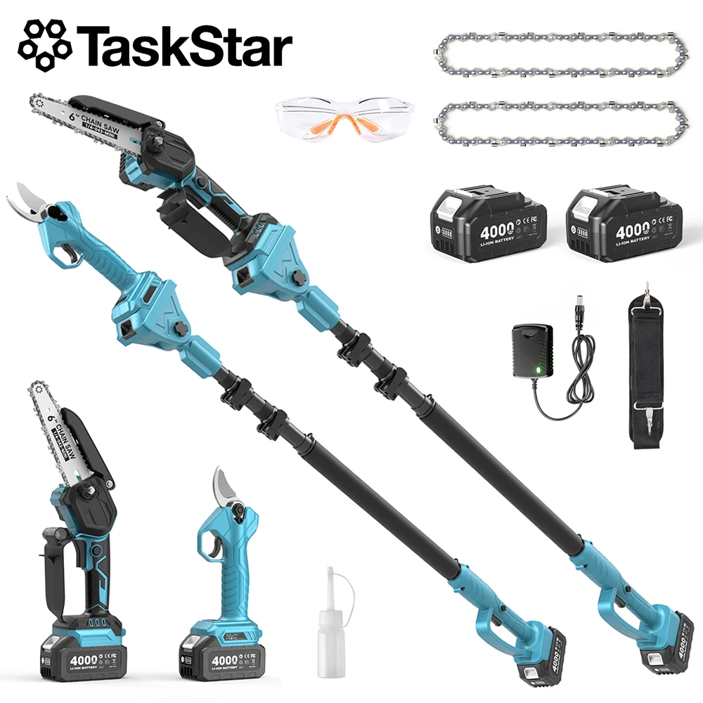 TaskStar 4-in-1 Garden Power Tools Cordless Pole Saw 6" Mini Chainsaw Electric Pruning Shears 30mm Pole Pruner For Wood Cutting