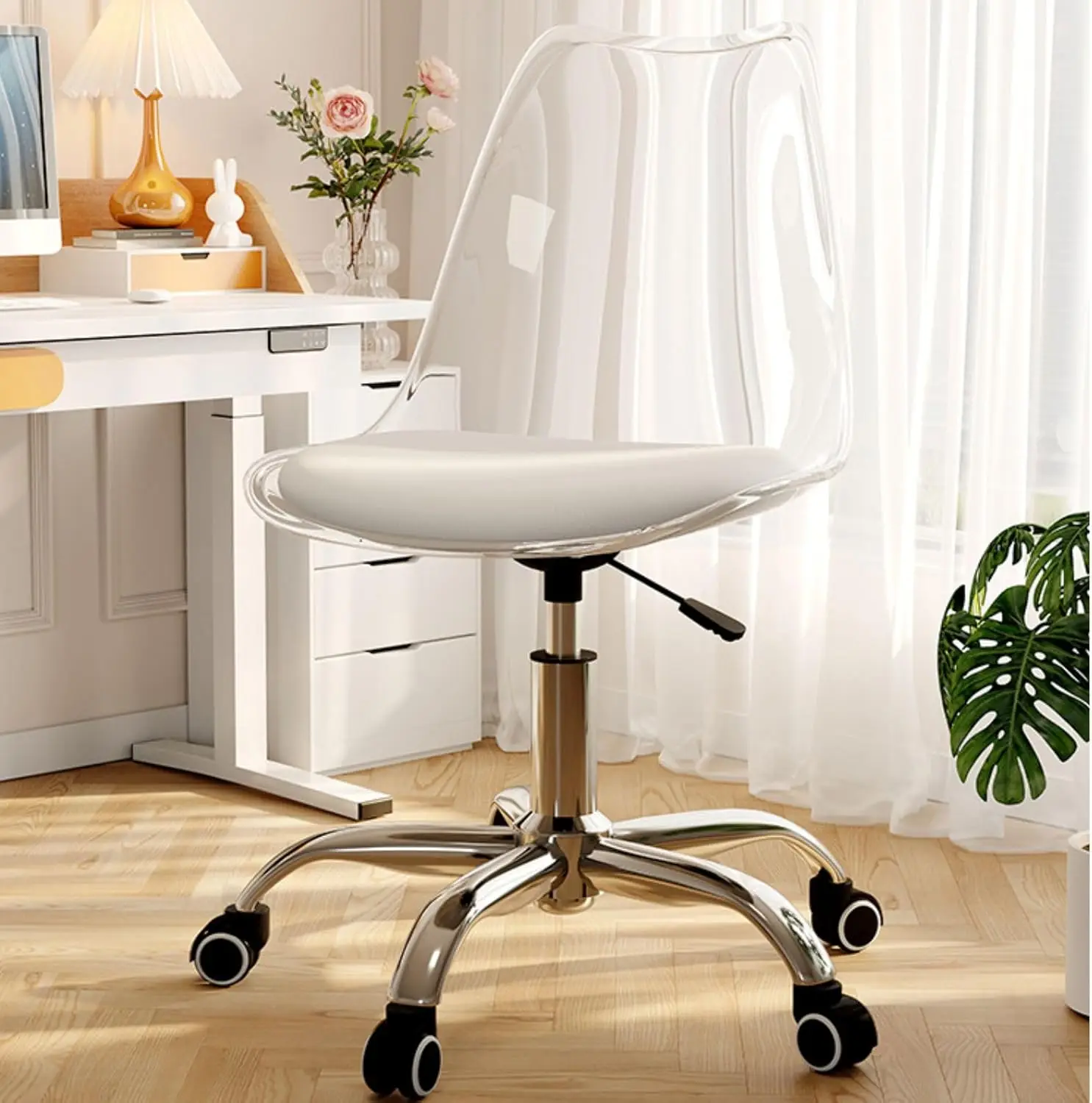 Modern Small Cute Arml Vanity Rolling Chair Adjustable Swive Chair For Office, Home, Make Up, Small Space, Bed Room (Clear)