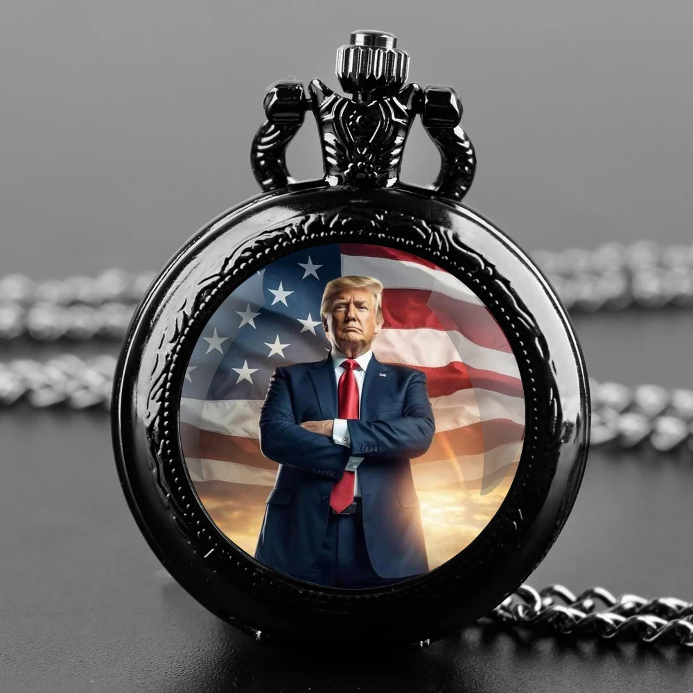 TRUMP 2024 We Won Pocket Watch - Quartz Movement, Round Dial, Unique Bronze Necklace Souvenir Gift