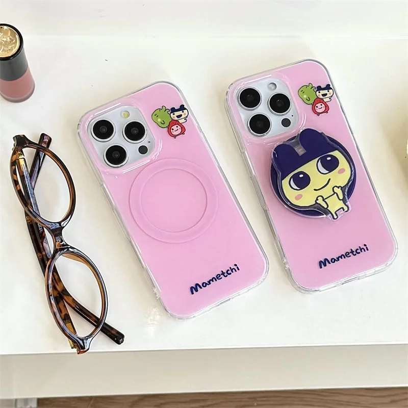 Cute Pink Magnetic Phone Case For iPhone 16 Pro 15 14 13 Pro Max Cover with Magsafe Stand Holder Kawaii Cartoon Cases 16 Promax