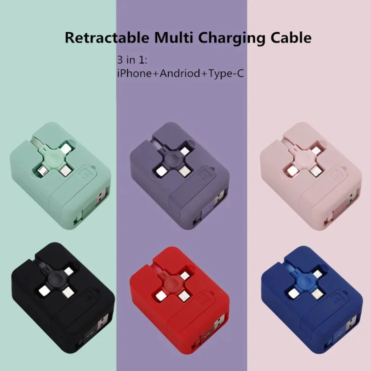 3 In 1 Retractable Multi Charging Cable Cord USB Compatible  Android Type C Phone Holder Mini Portable Fast Charger Car