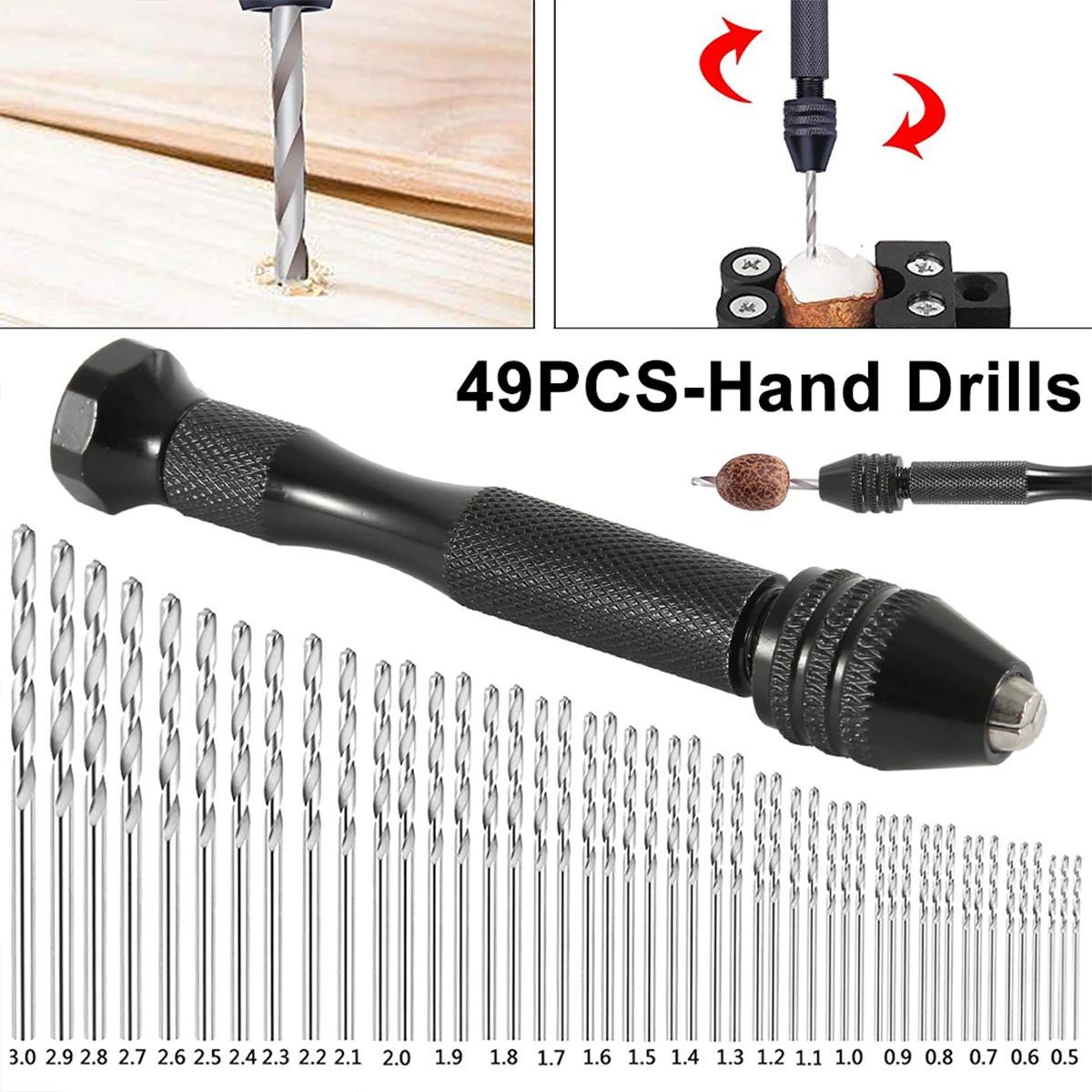 49pcs 0.2-3.4mm Drill Bit Set Mini Aluminum Hand Drill Bits Jewelry Craft Hand Manual Drill Woodworking Tools Accessories