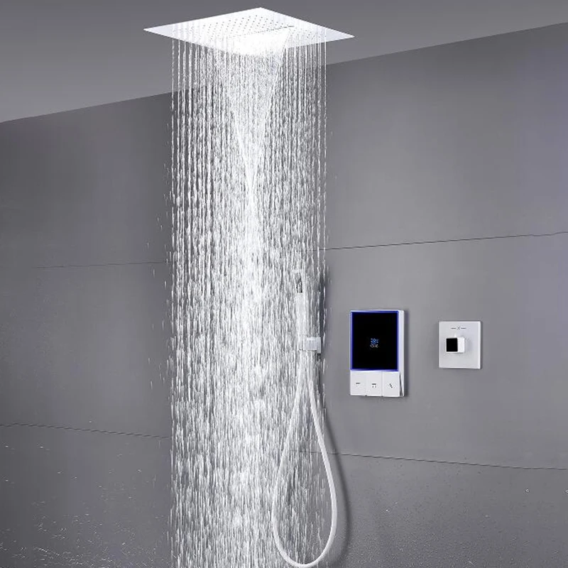 Smart Temperature Display 3 Function Thermostatic White Shower System Set with 16 Inch Large Bathroom Waterfall Rain Shower Head