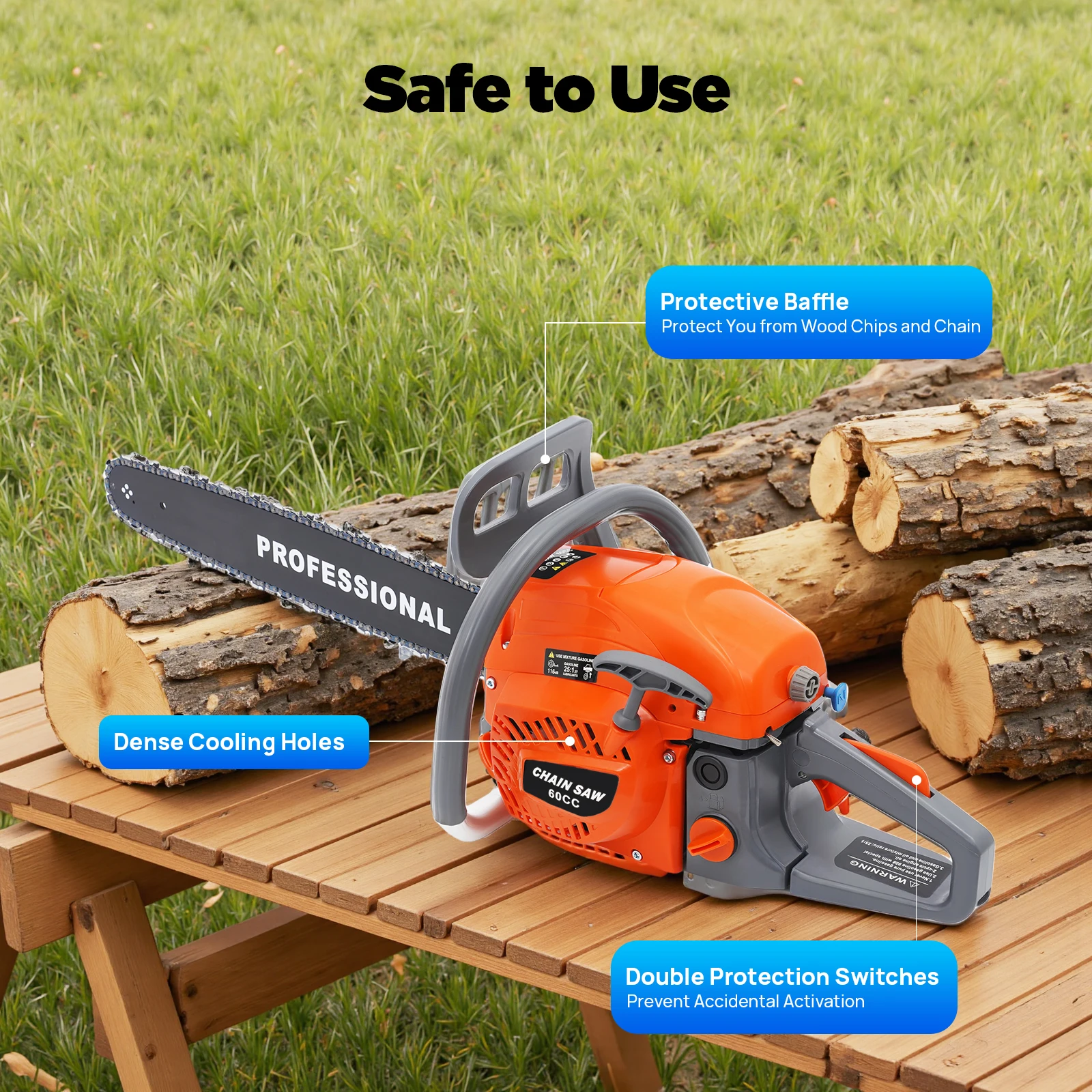 Handheld Cordless Petrol Chainsaw Gas Powered Chainsaw 60cc Gasoline Chainsaw Power Head for Professional Wood Cutting