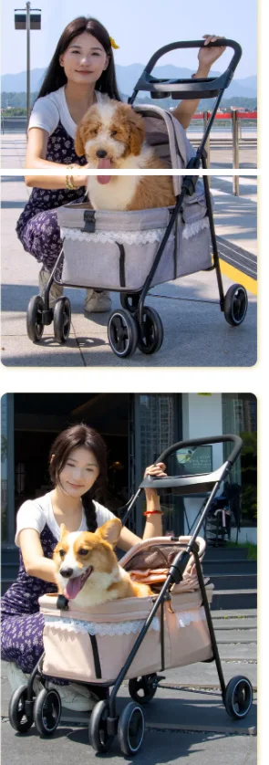 애완동물 수레 Hidden Lace Pet Cat Dog Stroller Dog Cat Teddy Lace Stroller Outdoor Small Pet Cart Lightweight Folding Breathable Versi
