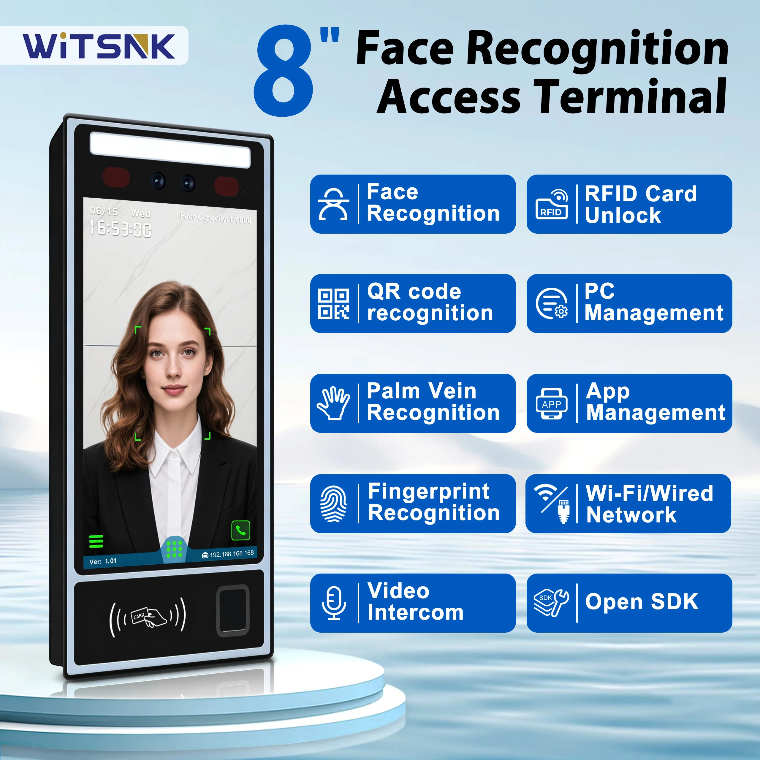 8" Multi-Biometric Access Control & Attendance Terminal - Face Fingerprint Palm Vein, WiFi 4G TCP/IP