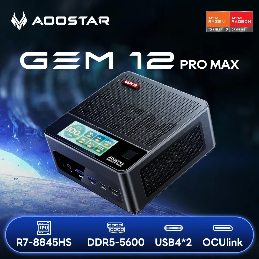 AOOSTAR GEM12+ PRO Mini PC Ryzen 7 Pro 8845HS, 2 USB4/ 2 DDR5/ 2 SSD/2 2.5G LAN, Gaming Desktop Computer with OCuiLink/HDMI/DP