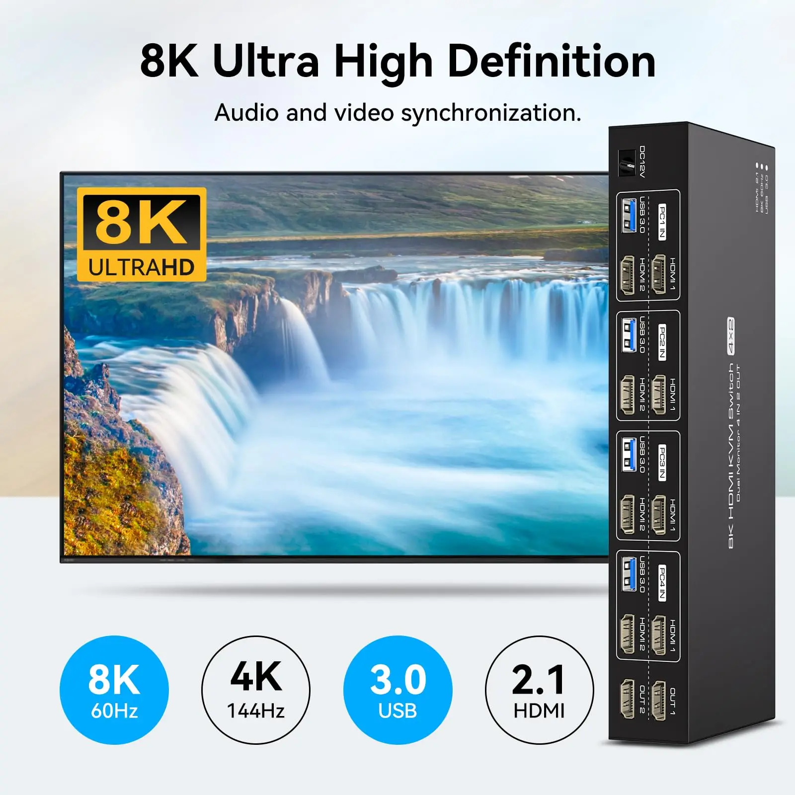 8K 4 IN 2 OUT HDMI KVM Switch ,8K@60Hz 4K @144Hz EDID 4 Port KVM for 4 PC Sharing Dual Monitor and 4 USB 3.0 Devices