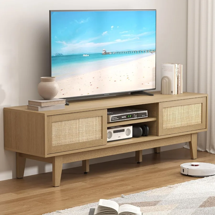 TV Stand for 65 Inch TV Farmhouse Entertainment Center with Sliding Barn Door Wood Media Console Table in Rattan Natural Color