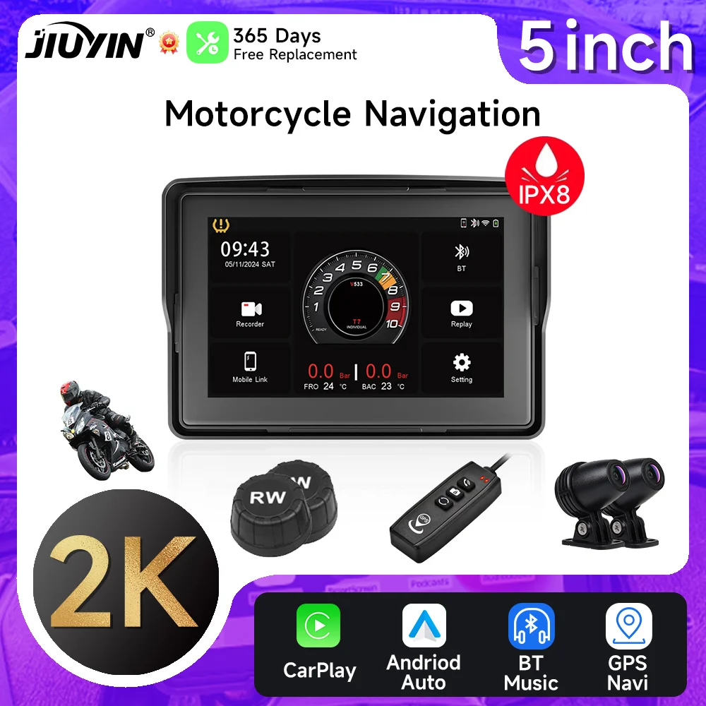 5 inch Motorcycle DVR GPS navigator 2K Dash Cam Wireless Carplay Android Auto IPX8 Waterproof Moto Front Rear Camera Bluetooth