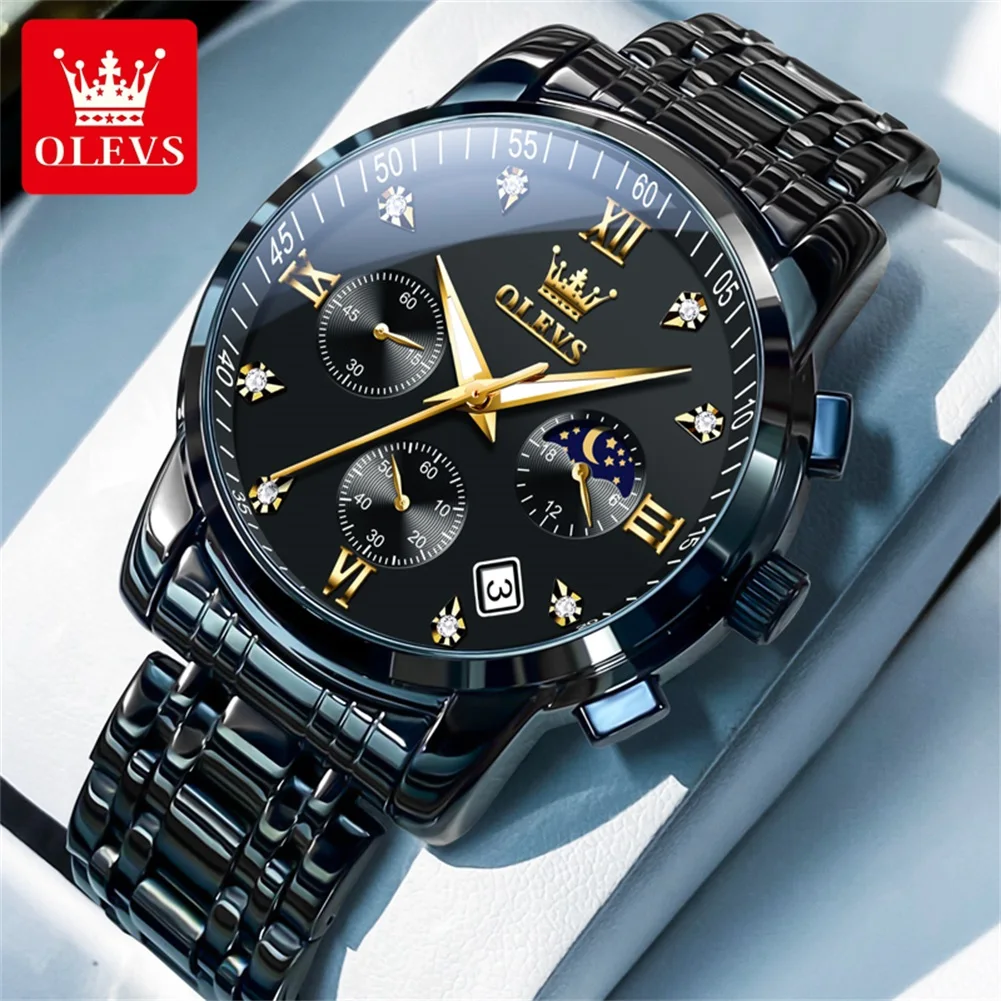 OLEVS Popular men's watches stainless steel black Moon Phase Chronograph quartz watch for man date Original brand wristwatch