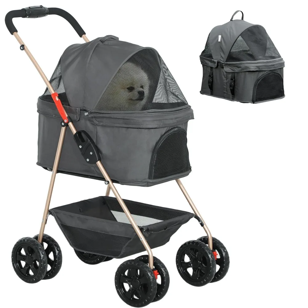 3 in 1 Dog Stroller with Detachable Carrier, Lightweight Folding Pet Stroller with 4 Wheels, Storage Basket, Cupholder