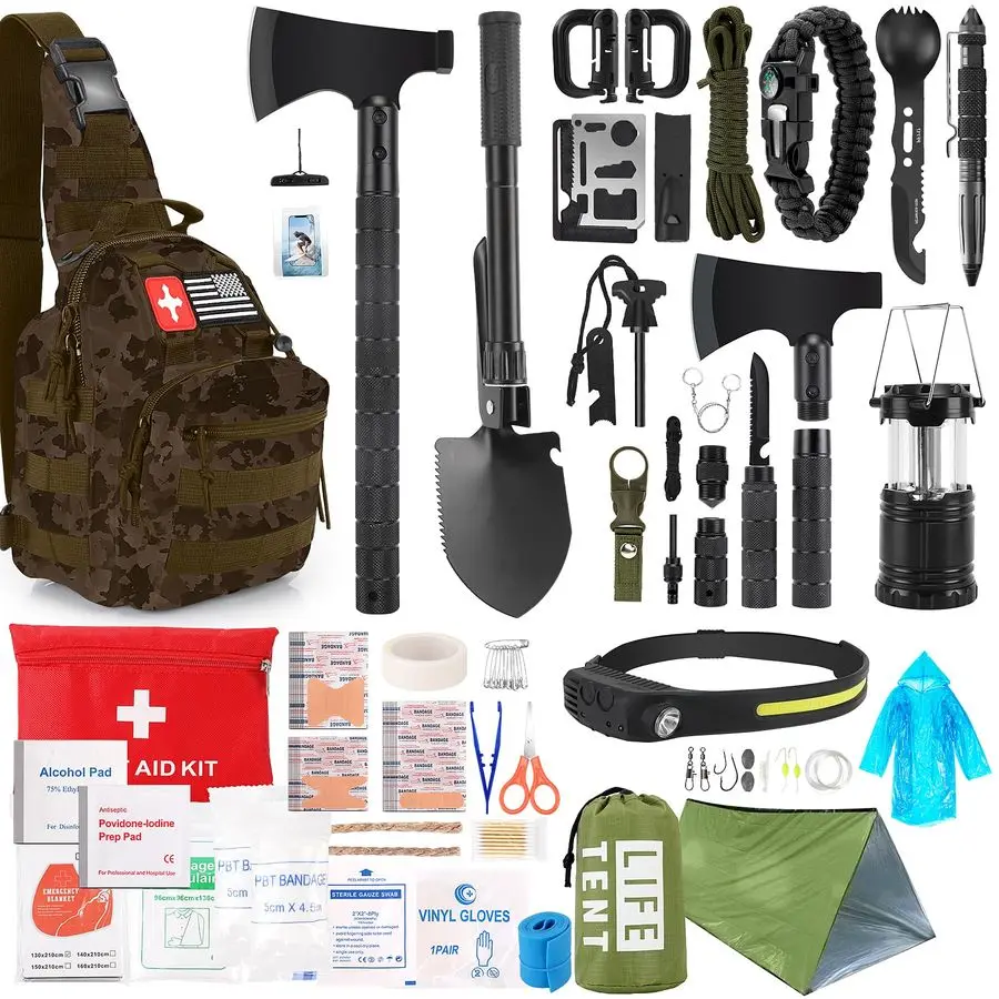 Kit, 268 Pcs Emergency Survival Gear and Equipment Supplies with First Aid Kit, Camping Axe, Headlamp, Crossbody Bag for Camping