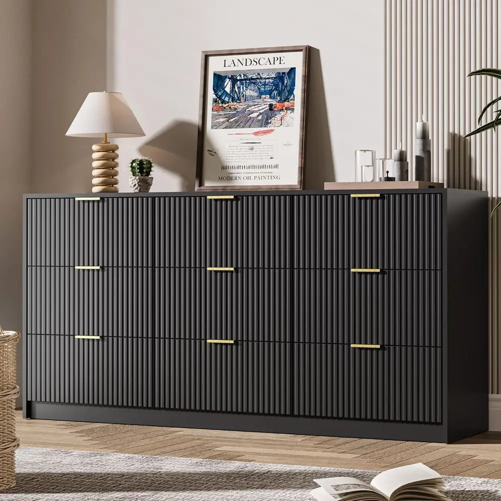 63 Wide Black Wooden Chest with Gold Handles for Bedroom, Living Room, and Hallway Storage