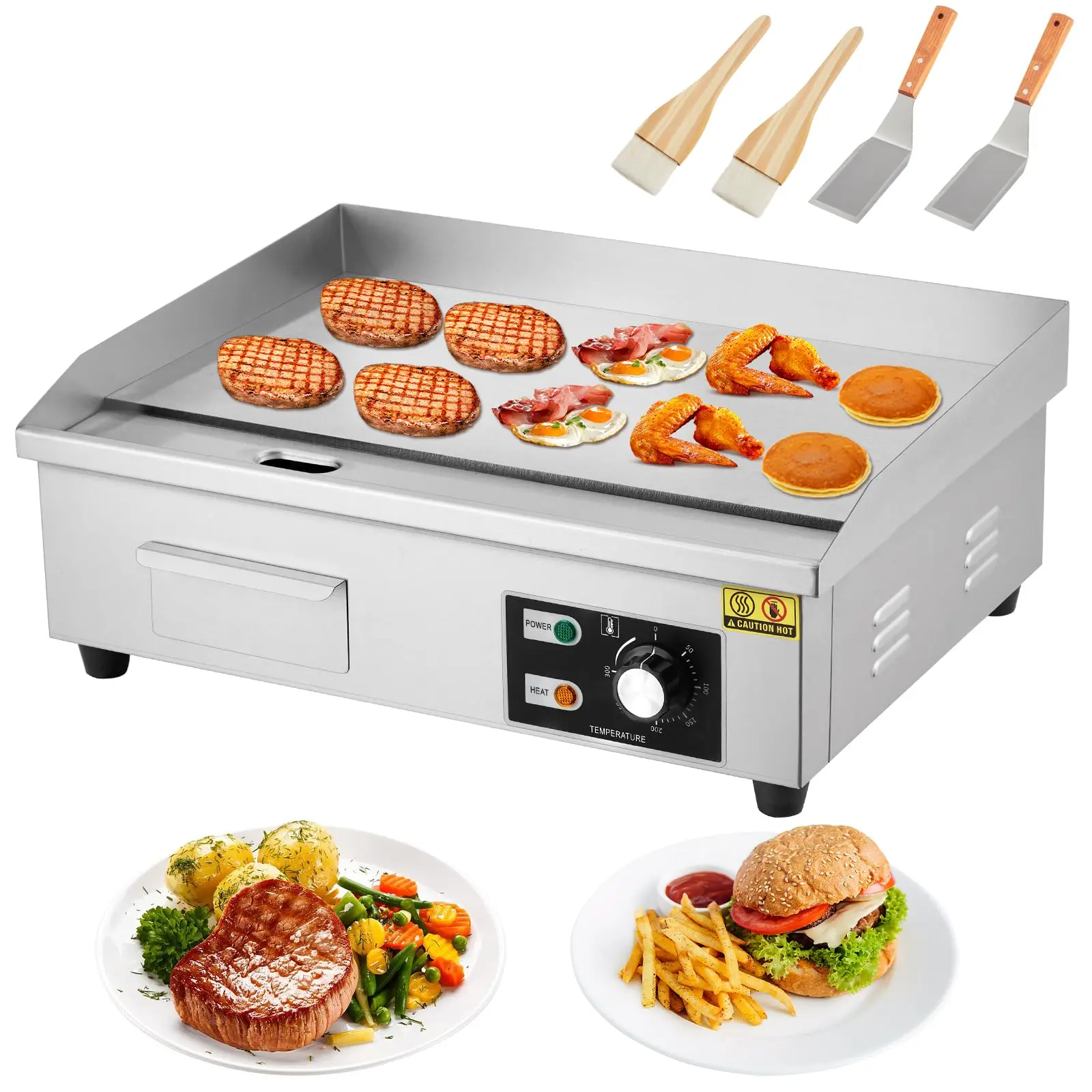 14/18/21 Inch Commercial Electric Griddle 1600W Non-Stick Flat Top Grill 122-572°F Adjustable Temp With Shovels Brushes
