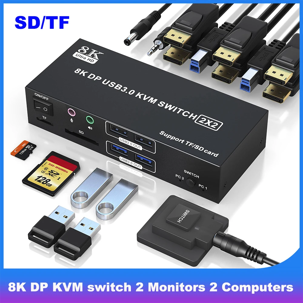 8K KVM Switch 2 Monitors 2 Computers DisplayPort,USB 3.0 DP KVM Switch with Audio Microphone Output and 4 USB Ports, SD/TF Slots
