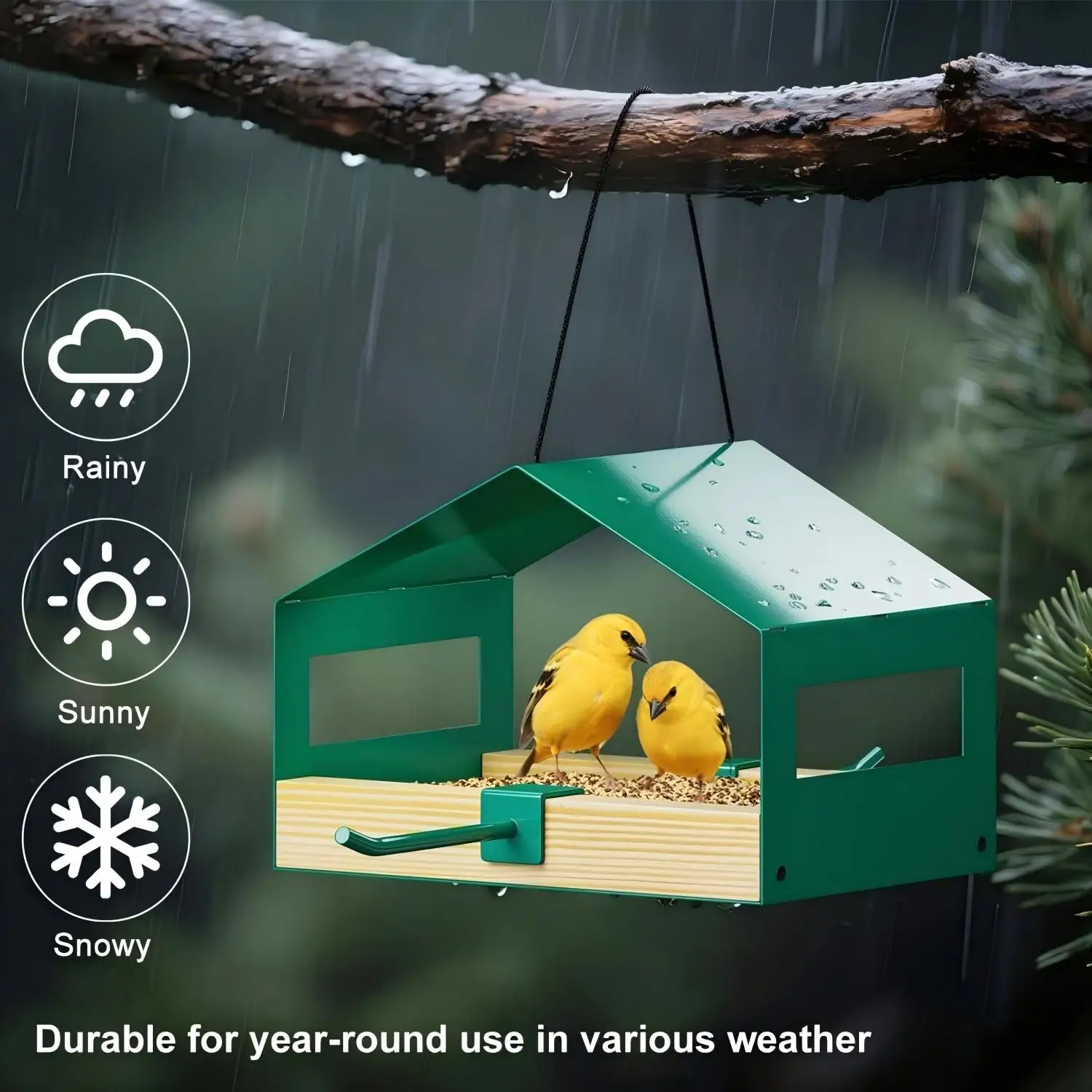 Fly-Through Bird Feeder Metal Rainproof Roof Stainless Steel Mesh Outdoor Wild Bird Feeder for Garden Yard Patio