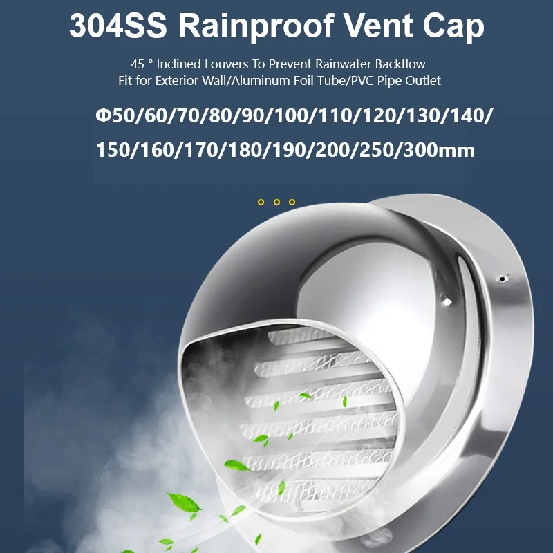 304SS Rainproof Vent Cap 45 ° Oblique Louver Aluminum Foil Tube Ventilation Cover Kitchen Bathroom Exterior Wall Exhaust Outlet